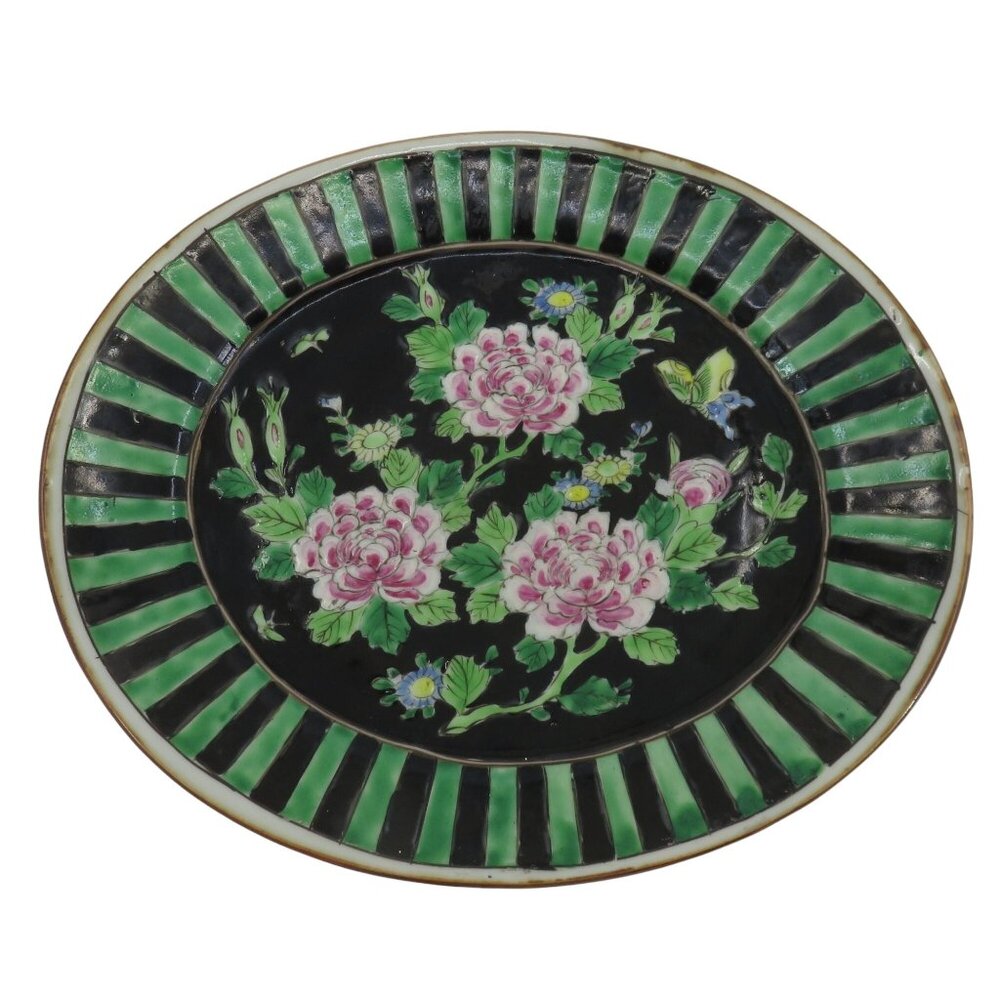 Antique Nippon 12.25in Pink Flower Black Green Stripe Oval Platter Plate Japan